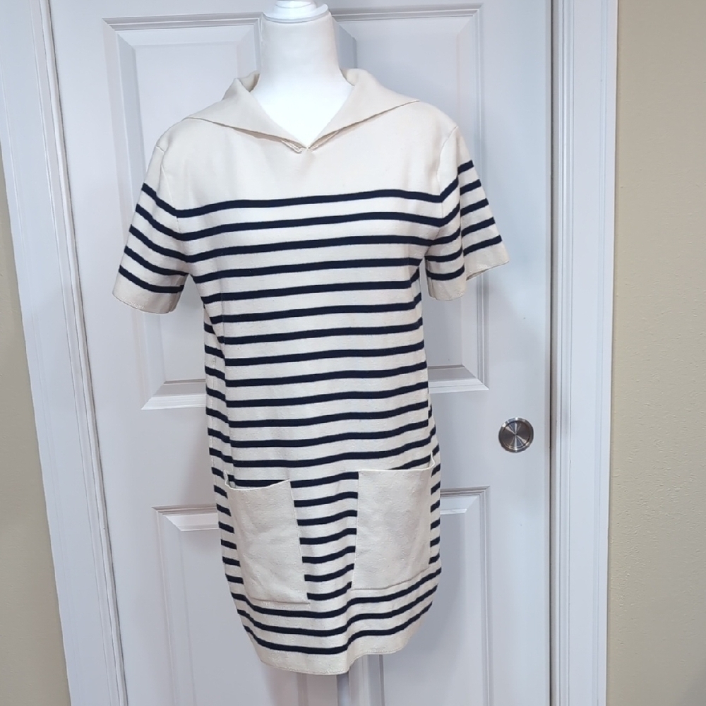 Zara Striped Knit Mini Dress Small Sailor Lapel Collar Pockets Cream Navy Costal - Picture 3 of 16